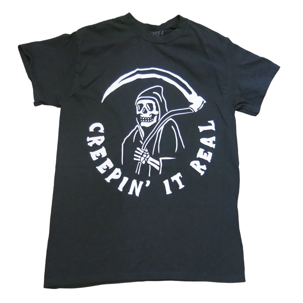 SPIRIT HALLOWEEN Creepin It Real Grim Reaper T Shirt Size S Adult Goth Black